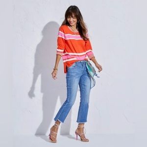 CABI 6168 Size XS Orange Pink Striped CADET SWEATER Pullover Spring Women’s.